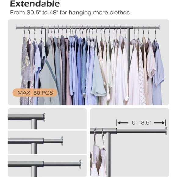 2 Shelves Clothing Racks, Garment Rack Heavy Duty Metal Wardrobe Rack, Grey - Picture 6 of 6